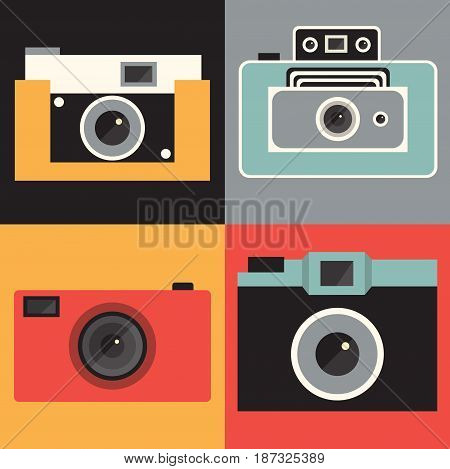 Vector flat illustration, icon set of vintage retro photo camera