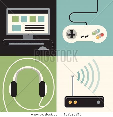 Vector flat illustration, icon set of computer, joystick, headphones internet