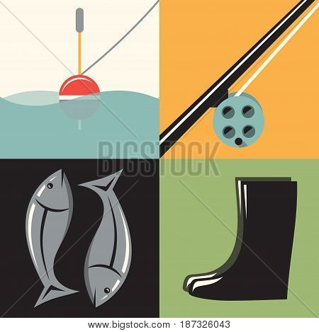 Vector flat illustration, icon set of Fishing: float, fishing rod, fish boots