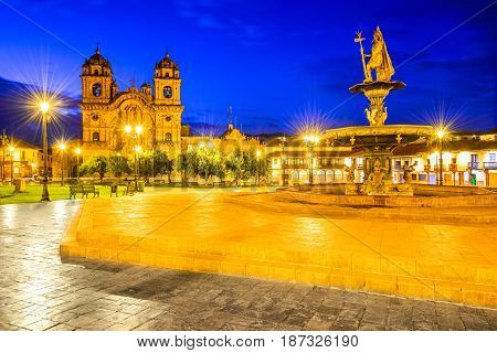 Cusco Peru - Plaza de Armas and Church of the Society of Jesus. Andes Mountains South America.