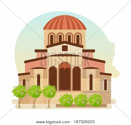 World sights. Architectural building, cultural center of Byzantium, the modern medieval city of Mystra Greece. Europe travel. Modern vector illustration isolated on white background.