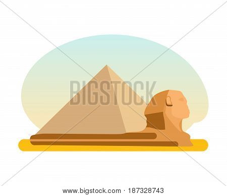World sights. Travel to Europe. Architectural building, famous ancient Egyptian pyramid of Cheops and the Sphinx. A monument of architectural art. Vector illustration isolated on white background.