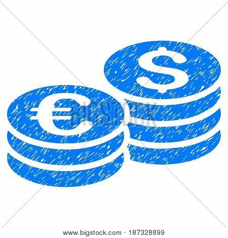 Grunge Dollar And Euro Coin Stacks icon with grunge design and dirty texture. Unclean vector blue pictogram for rubber seal stamp imitations and watermarks. Draft sticker symbol.