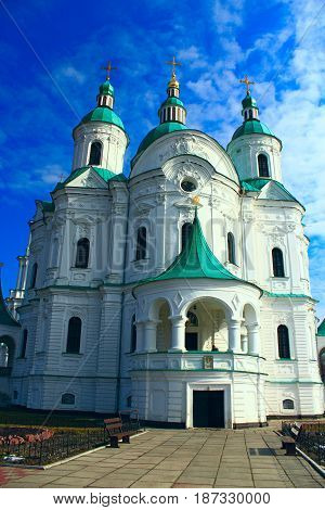Beautiful Spaso-Preobrazhenska church on the background of blue sky in Kozelets town