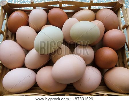 Freshly baked chicken eggs on the table.