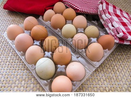 Chicken eggs on a table in plastic packing.