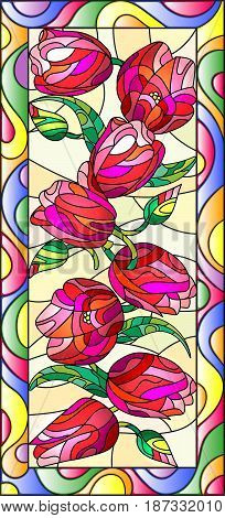 Illustration in stained glass style with tulips on light backgroundvertical orientation