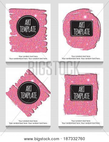 Modern eclectic pink glitter flyer, poster, card template. Vintage dotted shadows, glamourous pink glitter texture, minimalistic background and casual text.