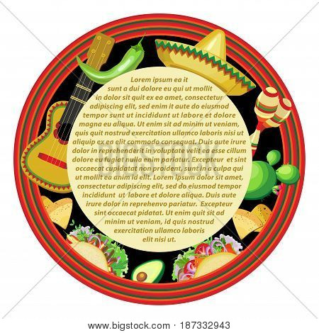 Vector image for a holiday of Cinco de Mayo. Round sticker with a striped frame and a central plate for text. Attributes Cinco de Mayo: guitar sombrero maracas tacos on a black background.