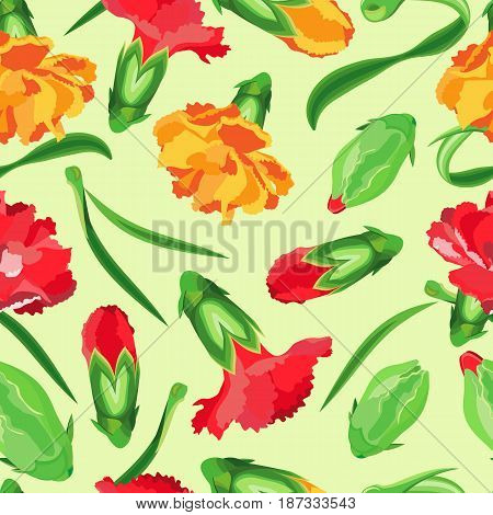 Vector seamless pattern of flowers and buds of carnations. Orange and red carnations along with leaves and buds on a pale green background.