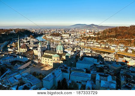 View from a high point to the historic city of Salzburg. A city in western Austria, the capital of the federal state of Salzburg. The fourth largest city in Austria. Mozart's homeland. Europe.