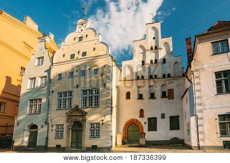 Riga, Latvia. Landmark The Three Brothers Buildings. Old Houses Together Form Oldest Complex Of Dwelling Houses. State Inspection For Heritage Protection And Latvian Museum Of Architecture.
