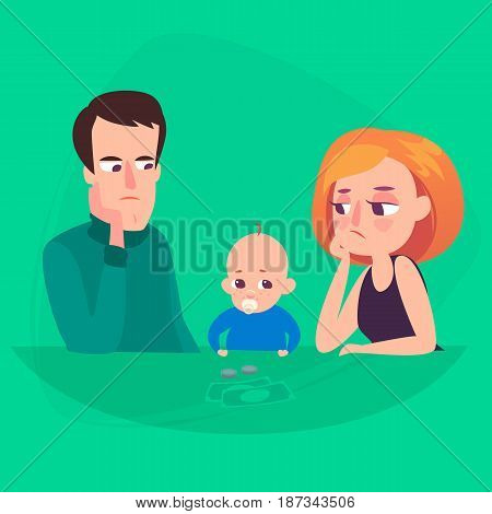 Family saving money. A man and a woman are thoughtful and saddened by the costs of a child.