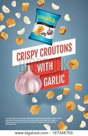Crispy croutons ads. Vector realistic illustration of croutons with garlic. Vertical poster with product.