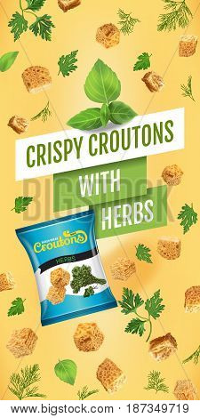 Crispy croutons ads. Vector realistic illustration of croutons with herbs. Vertical banner with product.