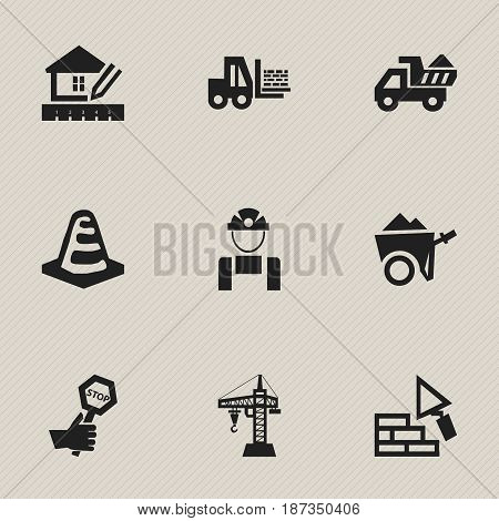 Set Of 9 Editable Structure Icons. Includes Symbols Such As Notice Object, Truck, Home Scheduling And More. Can Be Used For Web, Mobile, UI And Infographic Design.