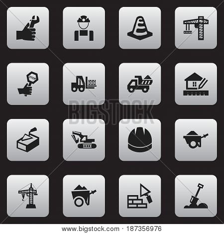 Set Of 16 Editable Structure Icons. Includes Symbols Such As Facing, Employee, Hardhat And More. Can Be Used For Web, Mobile, UI And Infographic Design.