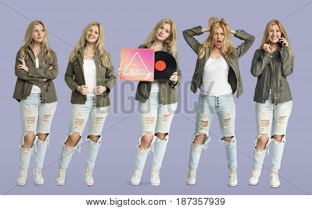 Young Women Set Gesture Standing Studio Portrait Isolated