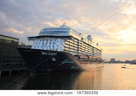 Amsterdam The Netherlands - May 11th 2017: Mein Schiff 3 TUI Cruises docked at Passenger Terminal Amsterdam