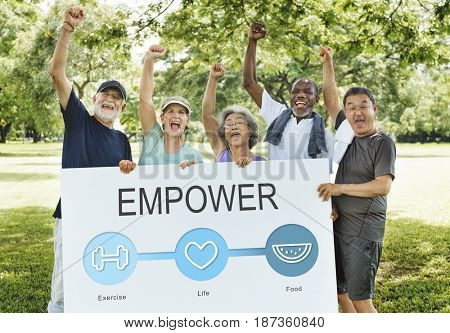 Senior people holding network graphic overlay banner