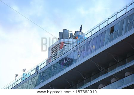 Amsterdam The Netherlands - May 11th 2017: Mein Schiff 3 TUI Cruises docked at Passenger Terminal Amsterdam detail