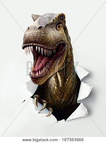 Evil dinosaur tirex, jumps out of paper