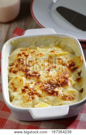 Potatoes a la dauphinoise in a baking dish