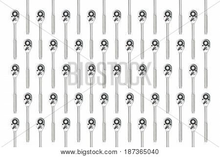 Group of ratchet spanner wrench texture on white background with clipping path. tools texture concept.