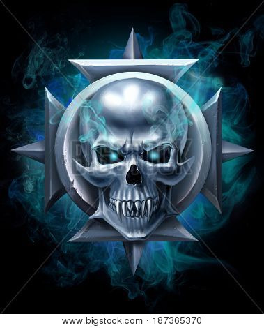 Metal skull on the cross in smoke