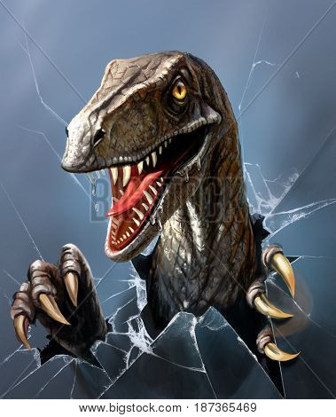 Evil dinosaur breaks through the glass, close-up