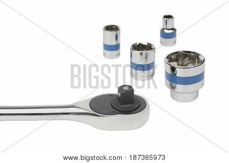 ratchet spanner wrench and socket on white background with clipping path.