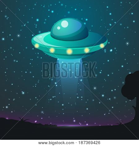 Cartoon UFO light vector. Alien sky beams. Ufo spaceship with beam, saucer ufo flying illustration