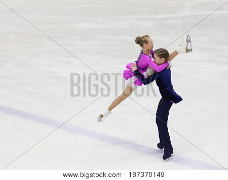ST. PETERSBURG, RUSSIA - APRIL 19, 2017: Figure skating competitions on prix of St. Petersburg Federation of Figure Skating. 150 athletes from 6 regions of Russia take part in the competitions