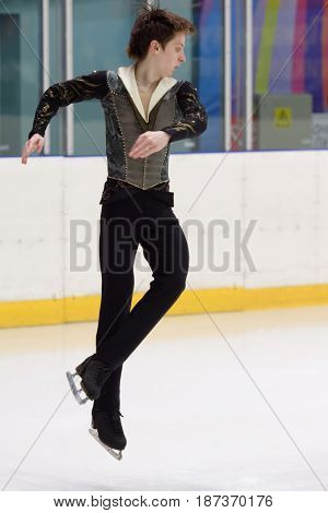 ST. PETERSBURG, RUSSIA - APRIL 21, 2017: Men's single figure skating competitions on prix of SPb Federation of Figure Skating. 150 athletes from 6 regions of Russia take part in the competitions
