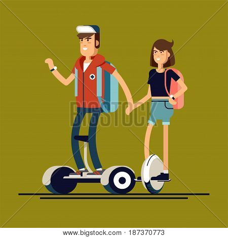 Young man on mini segway and woman on electric scooter mono wheel holding hands. Vector flat illustration. Mono wheel and mini segway as urban personal transports