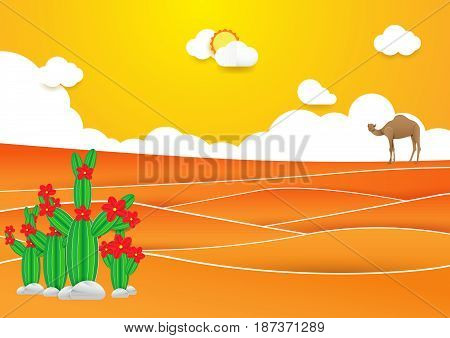 Desert landscape. Cactus and camel in desert with Sunset on a background. Paper art and craft style
