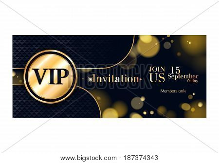 VIP club party premium invitation card poster flyer. Black and golden design template. Golden bokeh glow and black mosaic vector background.