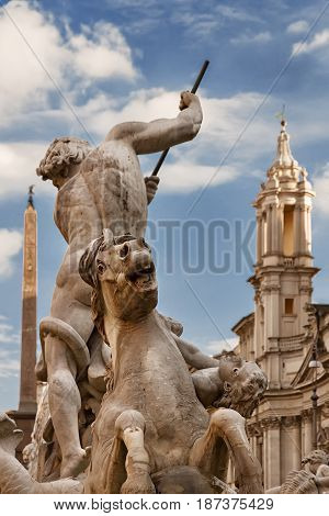 Detail of the Neptune Fountain at Piazza Navona, sunset, Rome, Italy