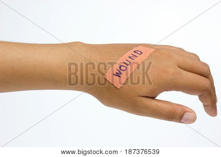 Medical plaster on the wound in women hand on white background.