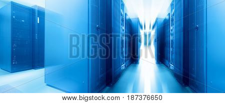 symmetrical futuristic modern server room in the data center with bright light