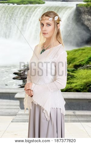 portrait of female high elf with waterfall