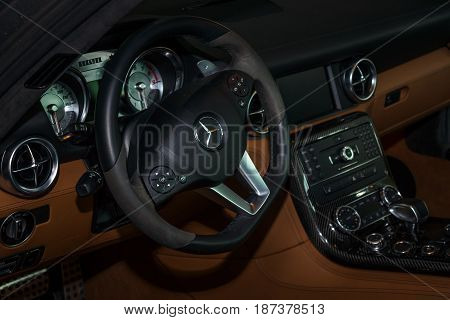 STUTTGART GERMANY - MARCH 04 2017: Interior of the sports car Mercedes-Benz SLS AMG Coupe 2012. Europe's greatest classic car exhibition 