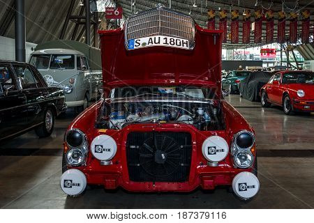 STUTTGART GERMANY - MARCH 04 2017: Full-size luxury car Mercedes-Benz 300SEL 6.3 1970. Europe's greatest classic car exhibition 