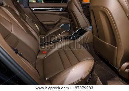 STUTTGART GERMANY - MARCH 04 2017: Interior (passenger seat) of full-size luxury car Porsche Panamera Turbo 2016. Europe's greatest classic car exhibition 