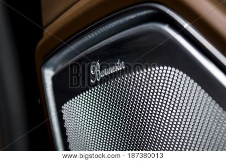 STUTTGART GERMANY - MARCH 04 2017: Interior details of the full-size luxury car Porsche Panamera Turbo 2016. Europe's greatest classic car exhibition 