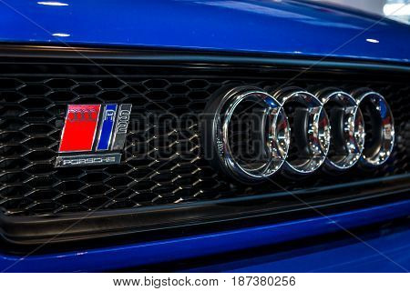 STUTTGART GERMANY - MARCH 04 2017: Emblem of an entry-level luxury car Audi RS 2 Avant 1995. Europe's greatest classic car exhibition 