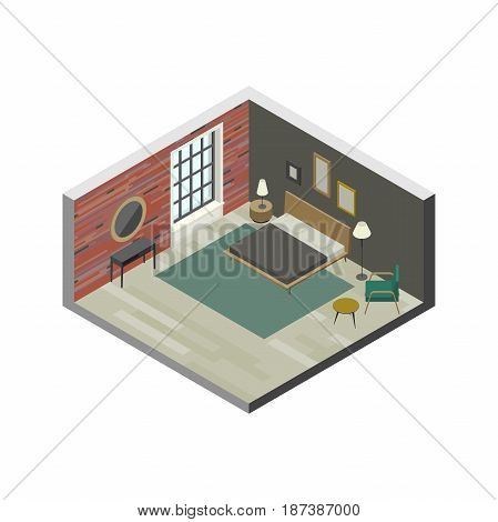 Bedroom in isometric view. Vector illustration of room with brick wall, bed, armchair and console with mirror.