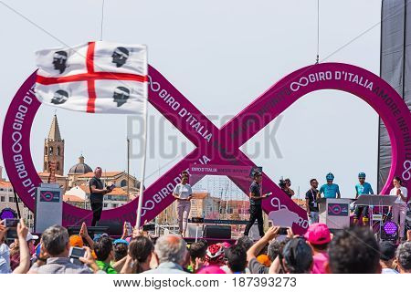 Alghero Italy - May 05 2017: Introduction of Astana team on 100th Giro d'Italia opening day