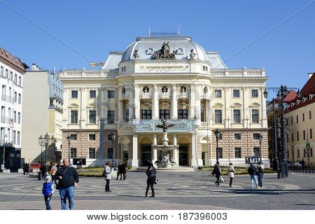 Bratislava, Slovakia - MARCH 8, 2017: National theatre in Hviezdoslav square in the old town of Bratislava, Slovakia