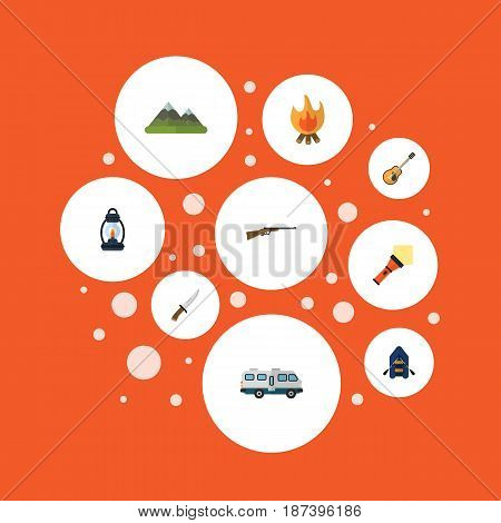 Flat Lighter, Weapon, Kerosene And Other Vector Elements. Set Of Encampment Flat Symbols Also Includes Balefire, Torch, Ship Objects.